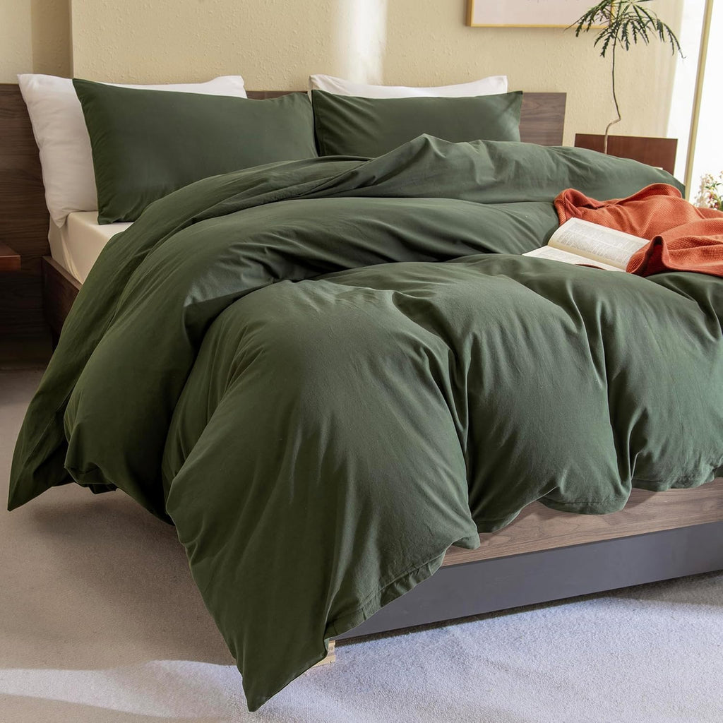 Cotton Olive Green Comforter Set, Dark Green Bedding Comforters Set Solid, 3 Pieces(1 Aesthetic Comforter and