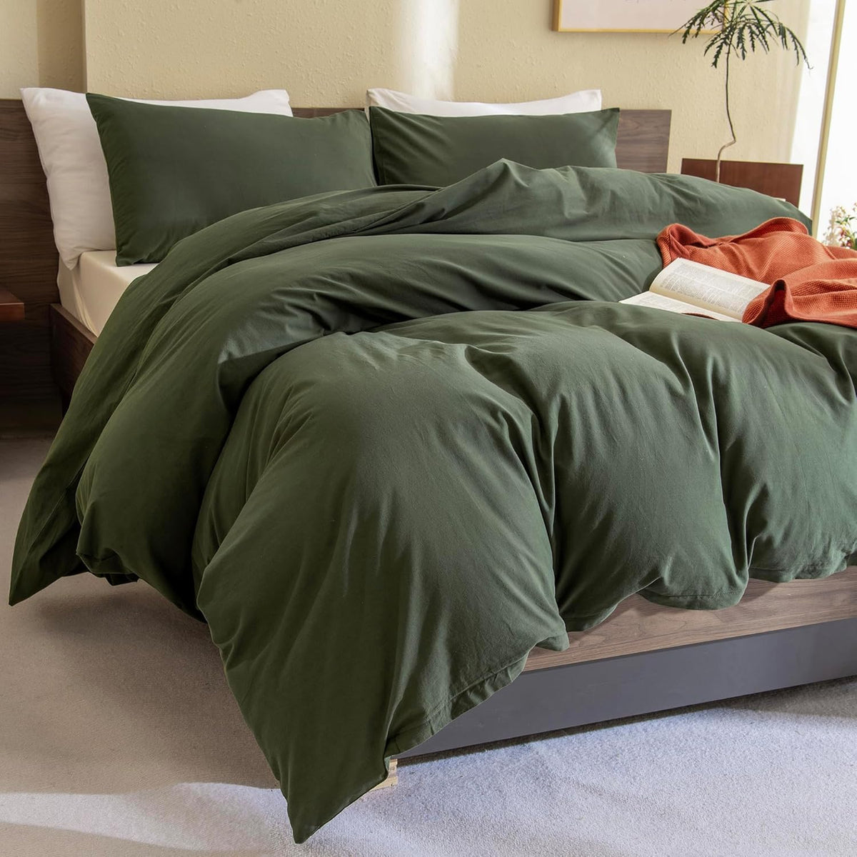 Cotton Olive Green Comforter Set, Dark Green Bedding Comforters Set Solid, 3 Pieces(1 Aesthetic Comforter and