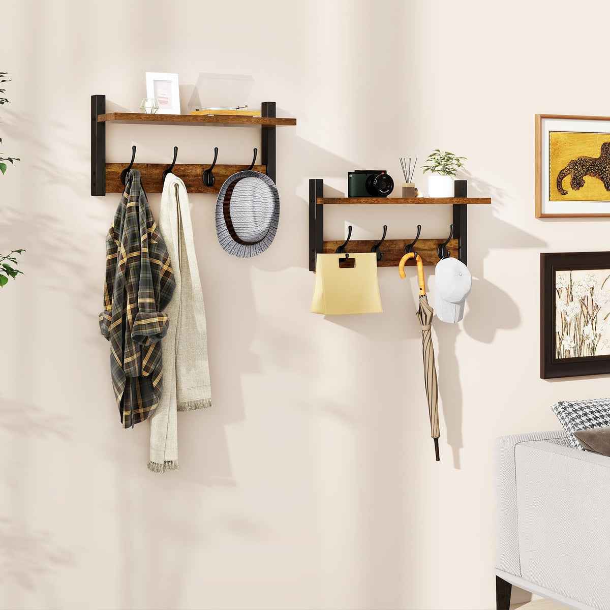 Coat Rack Wall Mount with Shelf and Hooks, Rustic Brown
