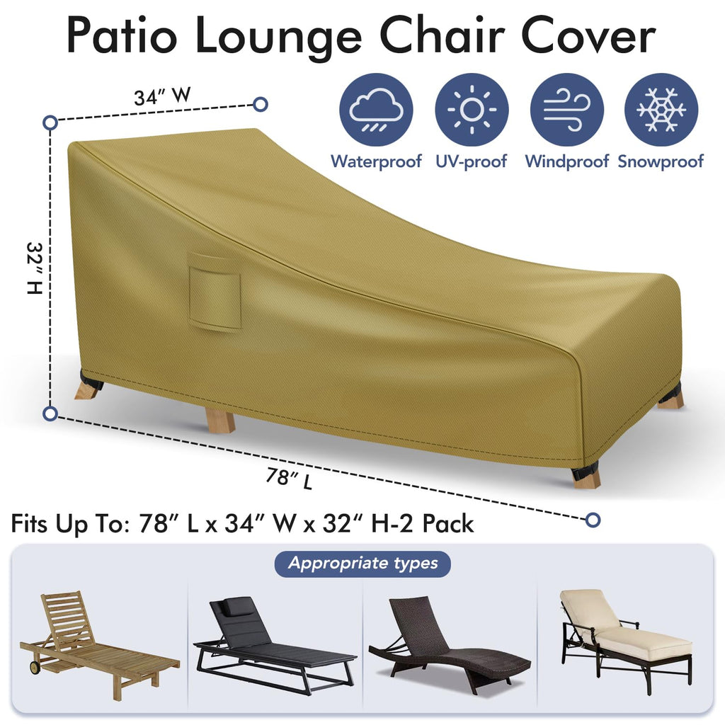 Chaise Lounge Covers Outdoor Waterproof, Heavy Duty Patio Furniture Covers, Fits up to 78L x 34W x 32H inches, 1