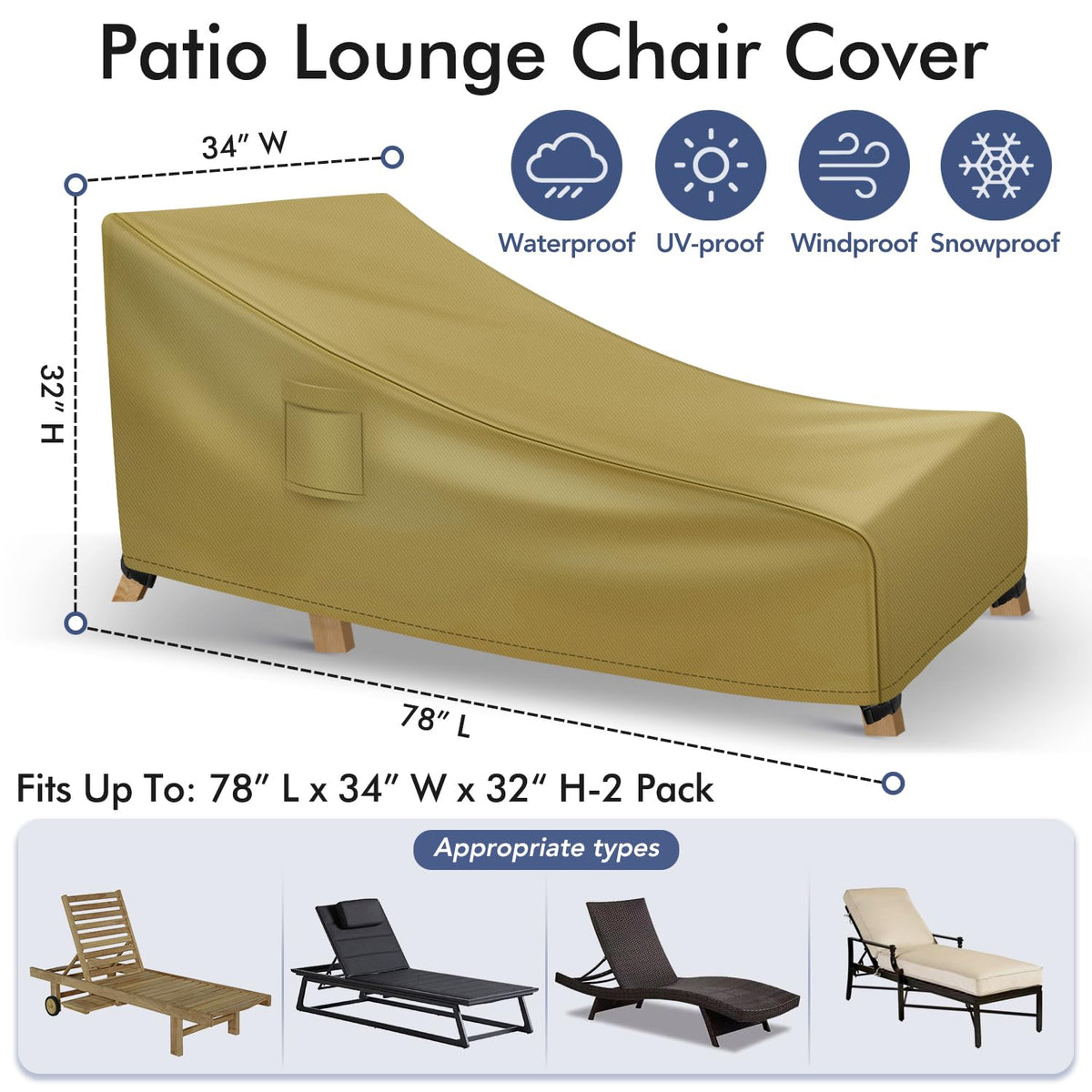 Chaise Lounge Covers Outdoor Waterproof, Heavy Duty Patio Furniture Covers, Fits up to 78L x 34W x 32H inches, 1
