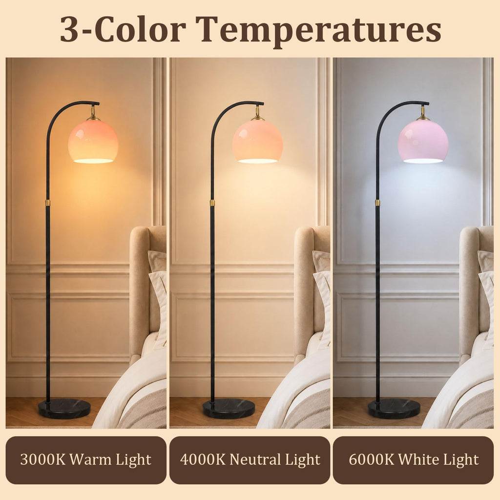 Inspired Arco Style Pink Arc Floor Lamp with Natural Marble Base, Mid Century Modern