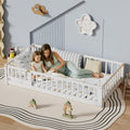 Floor Bed for Children, Sturdy Wood Montessori Bed Frame with Wood Slats, High Fence & Small Door, Montessori