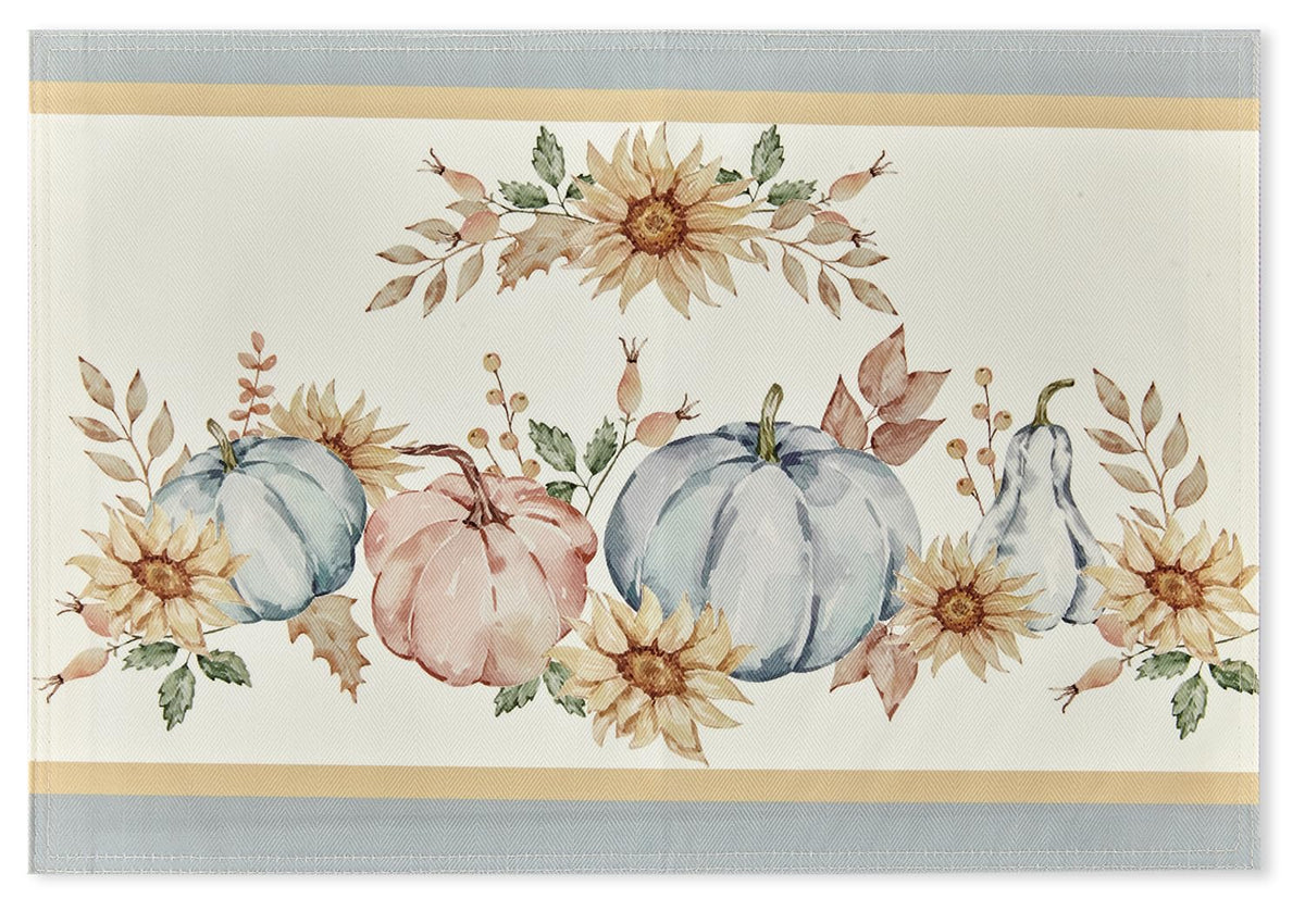 Blue Pumpkin Bordered Thanksgiving Tabletop, Stonewashed Fall Pumpkin and Sunflower Cottage Print Easy Care Fabric