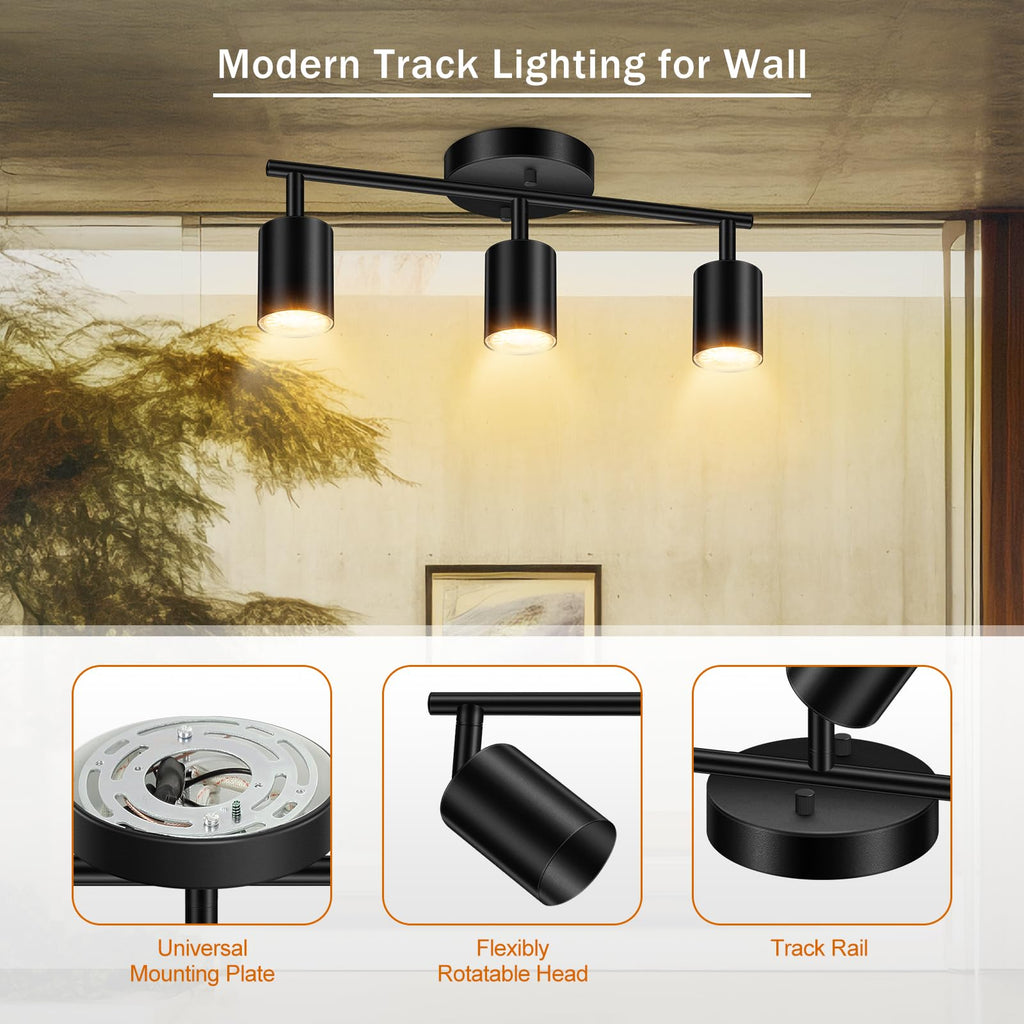 LED Track Lighting Fixtures Ceiling, Black 3-Light Track Lights, 3 Way Ceiling Spotlight, Flexibly Rotatable Wall