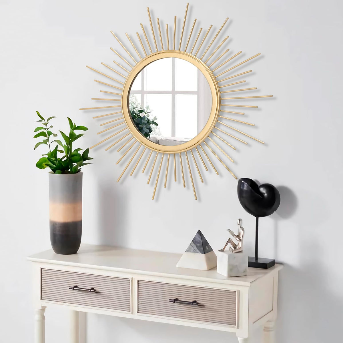 Large Gold Spoked Sunburst Wall Mirror Boho Home Decor Round Wall Art Mirror Modern Metal Mirrors for Wall Living