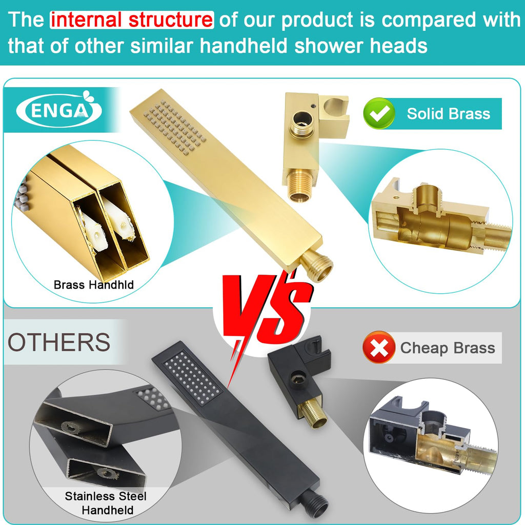 Square Brushed Gold Solid Brass Hand Held Shower Head With Wall Connector and Hose Wall Mount Handheld Showerheads Set