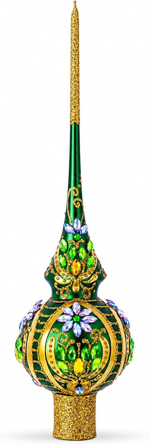 Enchanted Emerald Jeweled Green Glass Christmas Tree Topper 11 Inches
