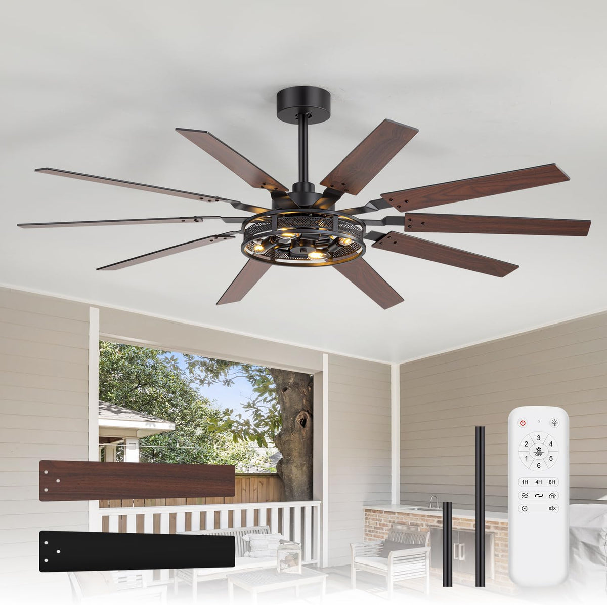60 Inch Farmhouse Ceiling Fans with Rustic Lights, Caged Ceiling Fans with Remote
