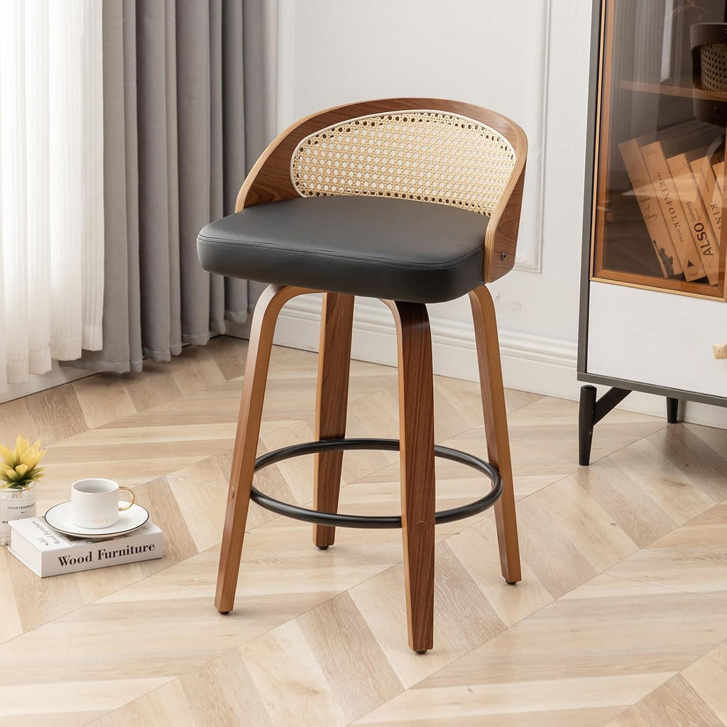 Swivel Rattan Bar Stools Set of 2 with Back, Black Leather barstool chairs
