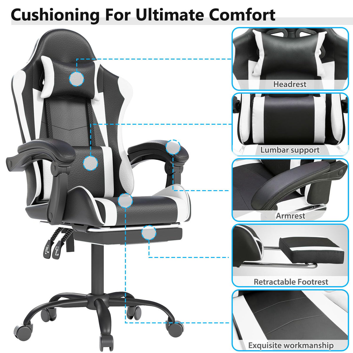 Gaming Chair with Headrest and Footrest, White