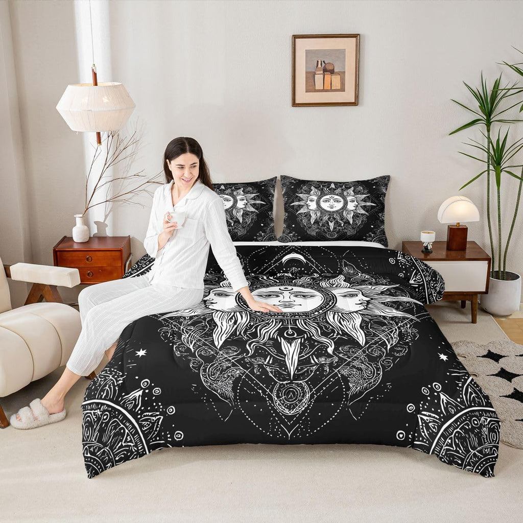 Bohemian Black and White Bedding Set Full, Sun and Moon Comforter Set Boho Floral Paisley Down Comforter, Tribe Exotic