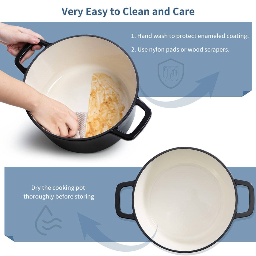 6 QT Enameled Cast Iron Dutch Oven Pot with Lid, Black