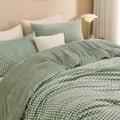 Velvet Flannel Gingham Comforter Set Full, 3 Pcs Sage Blanket