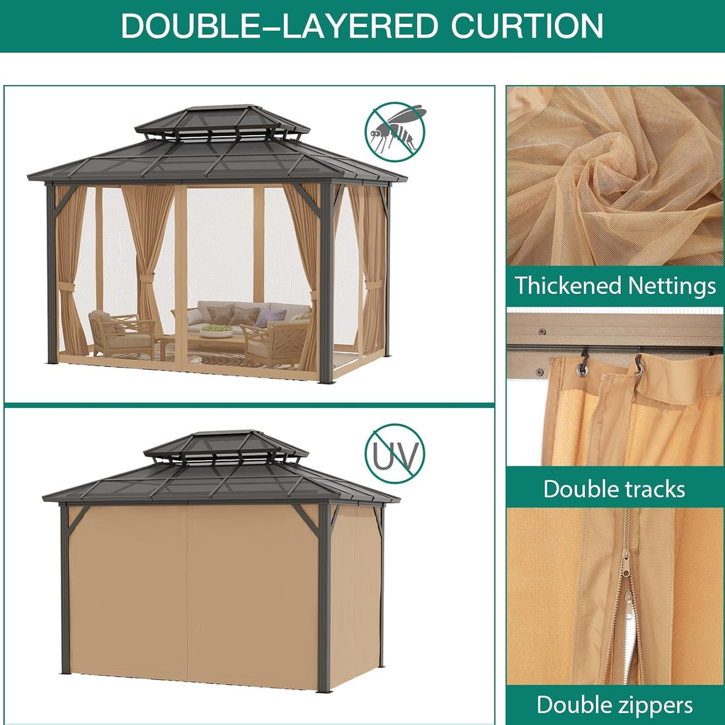 12'x10' Hardtop Gazebo, Heavy Duty Aluminum Permanent Hardtop Gazebo Outdoor Pavilion with Curtains and Netting (Khaki