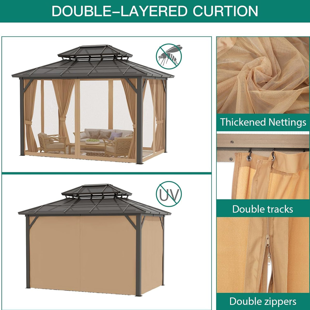 12'x10' Hardtop Gazebo, Heavy Duty Aluminum Permanent Hardtop Gazebo Outdoor Pavilion with Curtains and Netting (Khaki