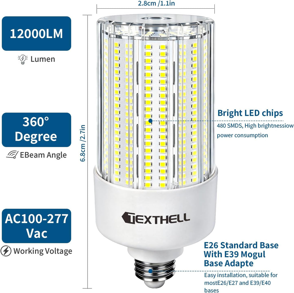 LED Corn Light Bulbs 80W 12000 Lumens 600W Incandescent Equivalent E26 Medium / E39 Mogul Base 5000K Daylight White