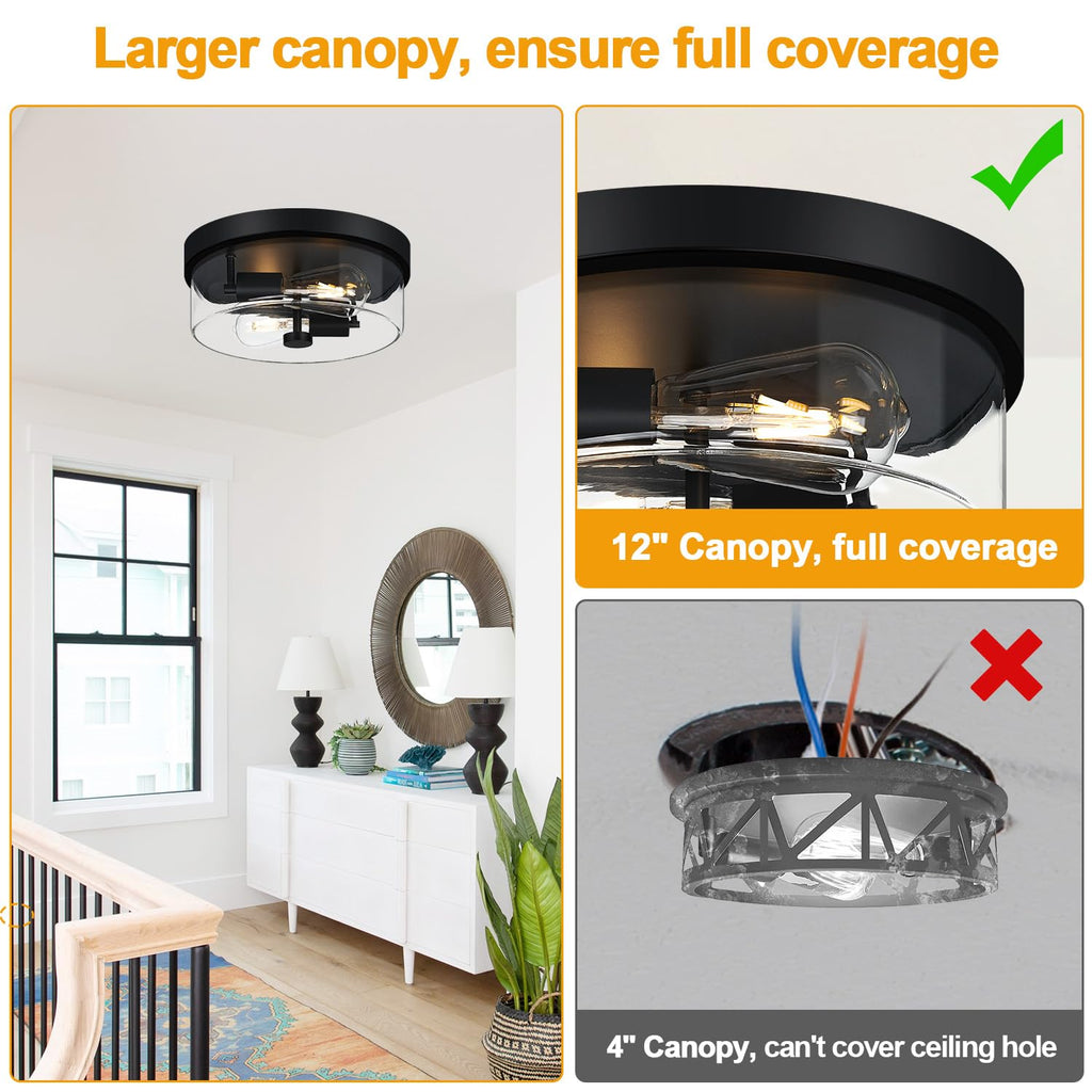 Flush Mount Ceiling Light Fixtures, 2-Light Black Ceiling Mount for Farmhouse with Clear Glass Lampshade, Industrial