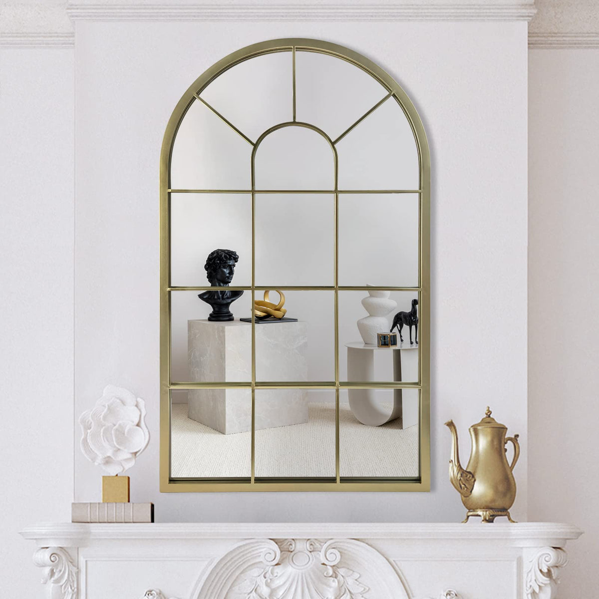 Wall Mirror Window Decorative Mirrors Arched Farmhouse Bedroom Entryway Bathroom Vanity (Gold, 41.3" x 24" x 1")