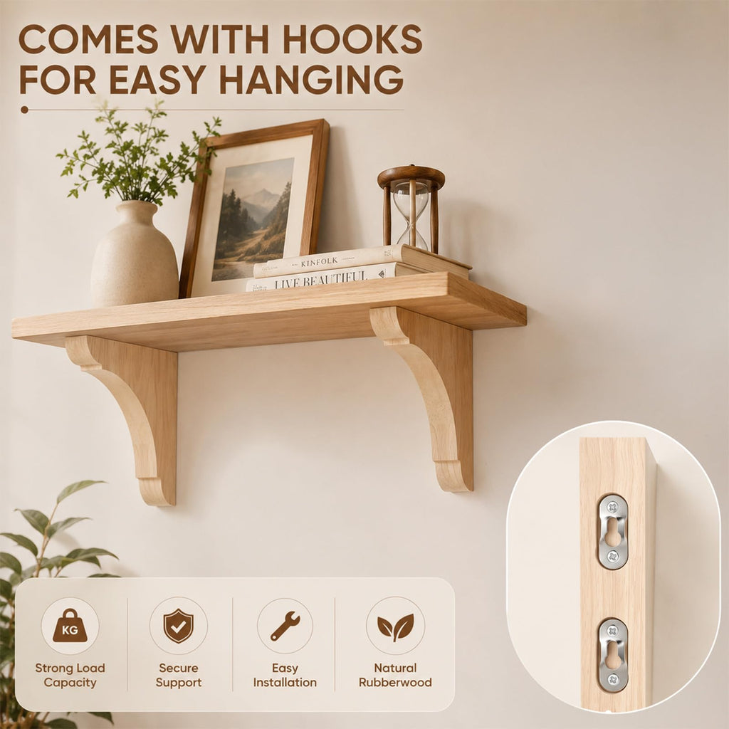 4 Pcs Wood Corbels, 6 x 6 x 1.2 Inch Wooden Shelf Brackets Unfinished Natural Rubber Wood Shelf Bracket with Hanging
