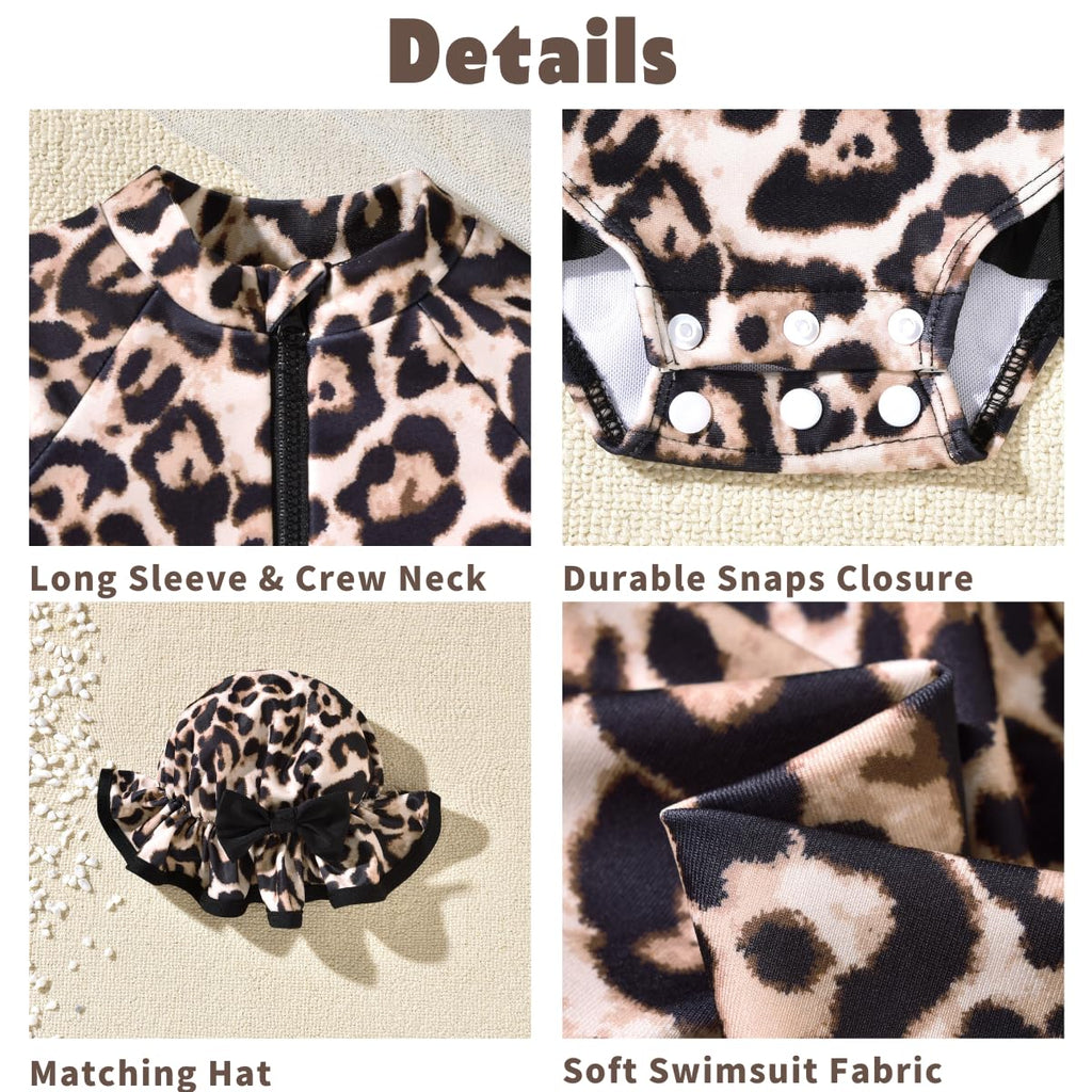 Infant Baby Girls One Piece Long Sleeve Swimsuit Cheetah Leopard Bathing Suit Zip Up Swimwear Beach Wear