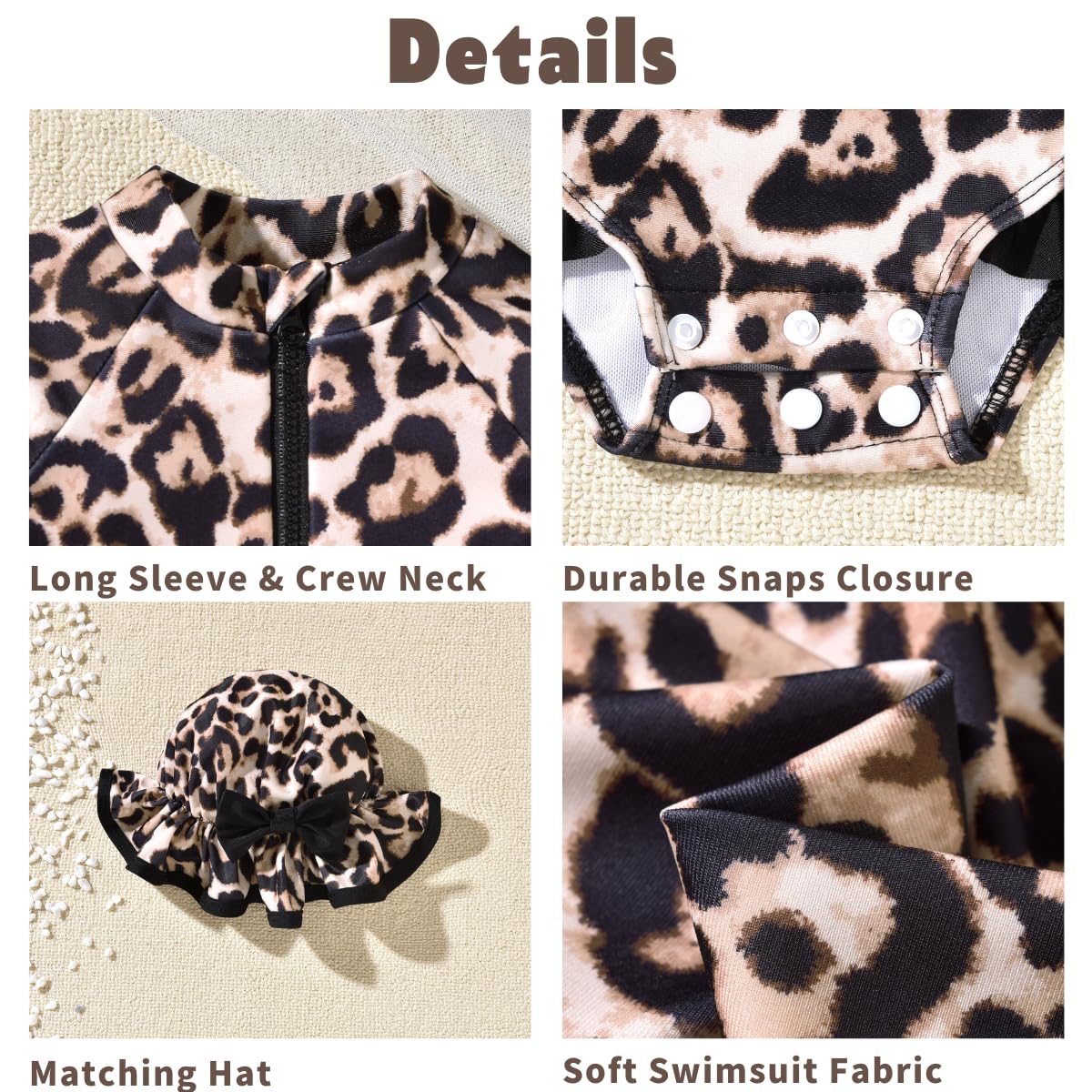 Infant Baby Girls One Piece Long Sleeve Swimsuit Cheetah Leopard Bathing Suit Zip Up Swimwear Beach Wear