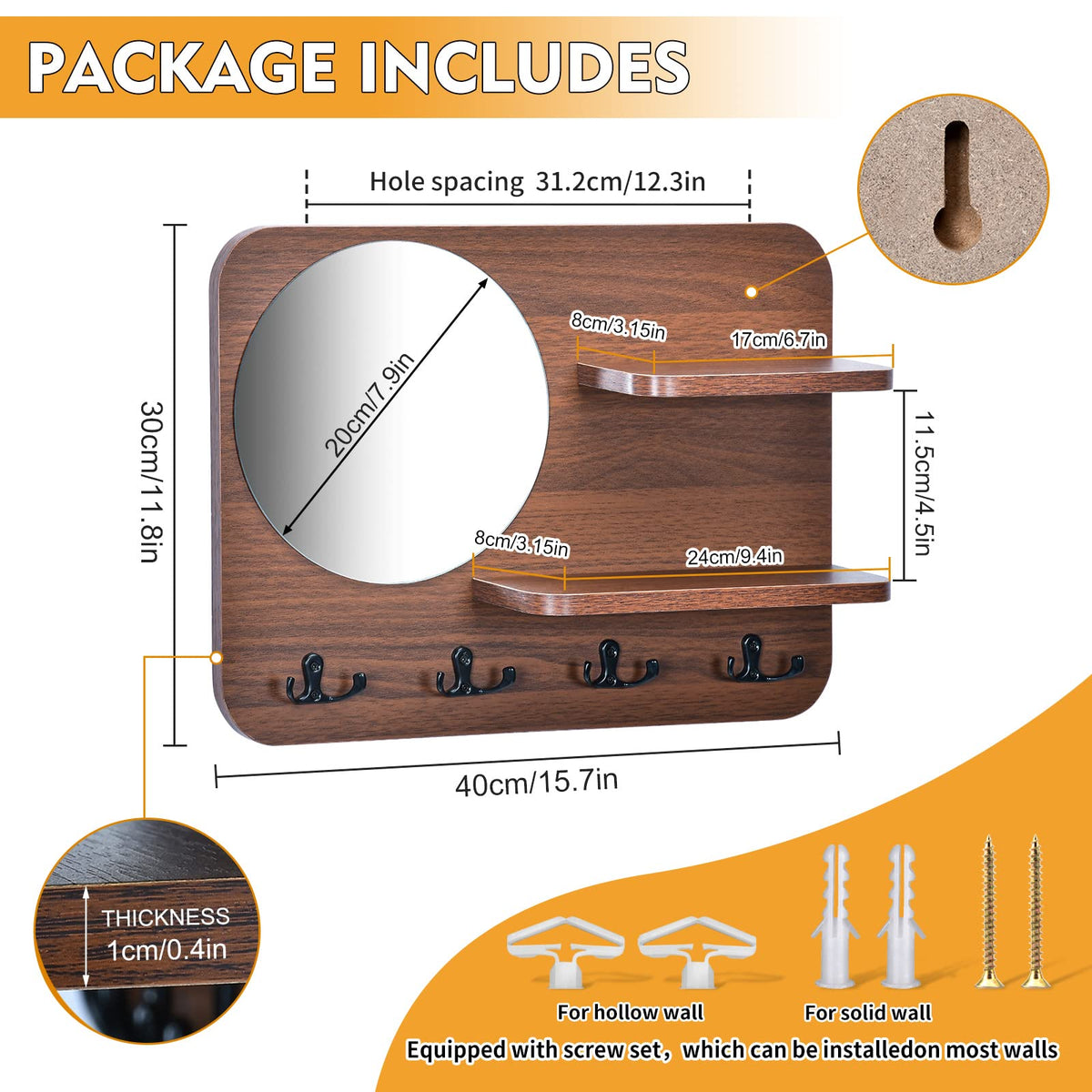 Coat Rack Wall Mount with Shelf & Mirror Decorative Entryway Hook