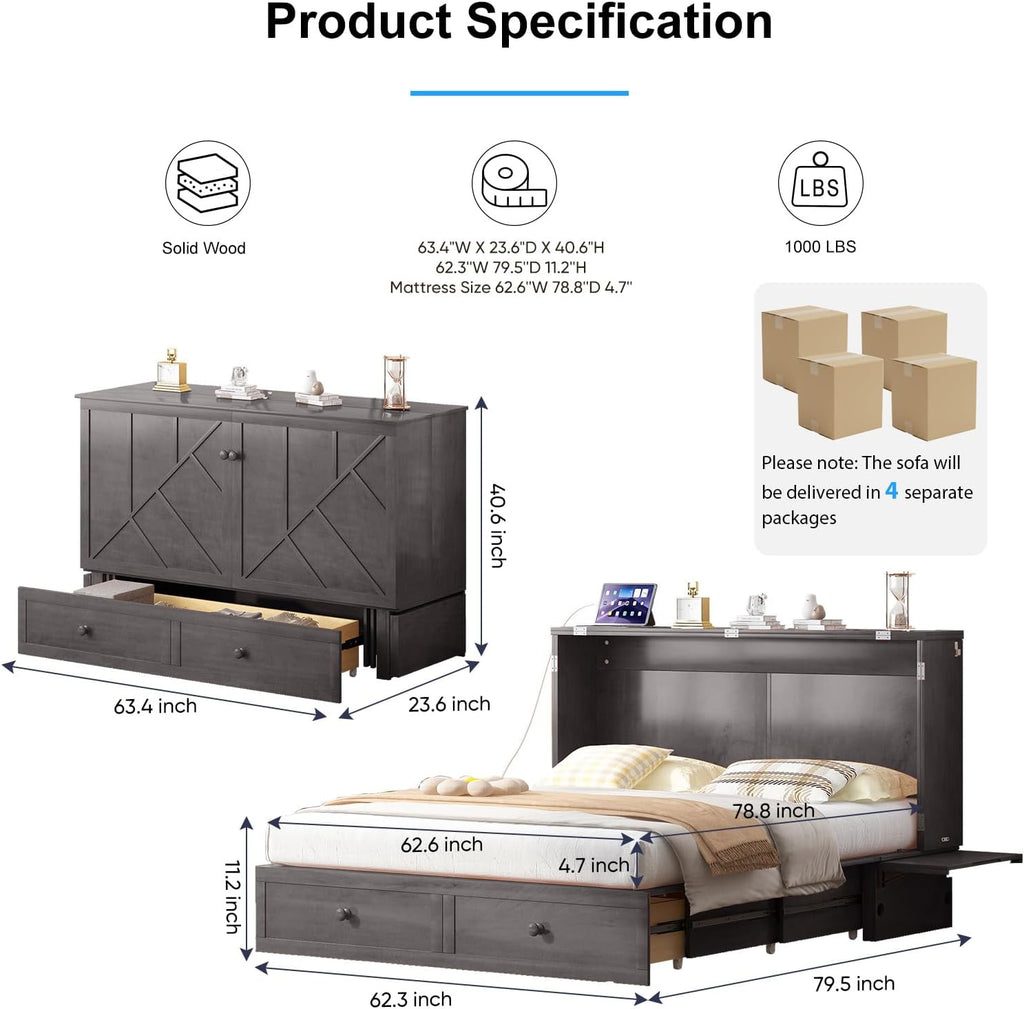 Murphy Bed Queen with Mattress Included, Hideaway Wallbed Cabinet Bed with 2 Storage Drawers, USB Charging Ports & Headboard, Space-Saving Chest Beds for Home, Guest Room, Gray