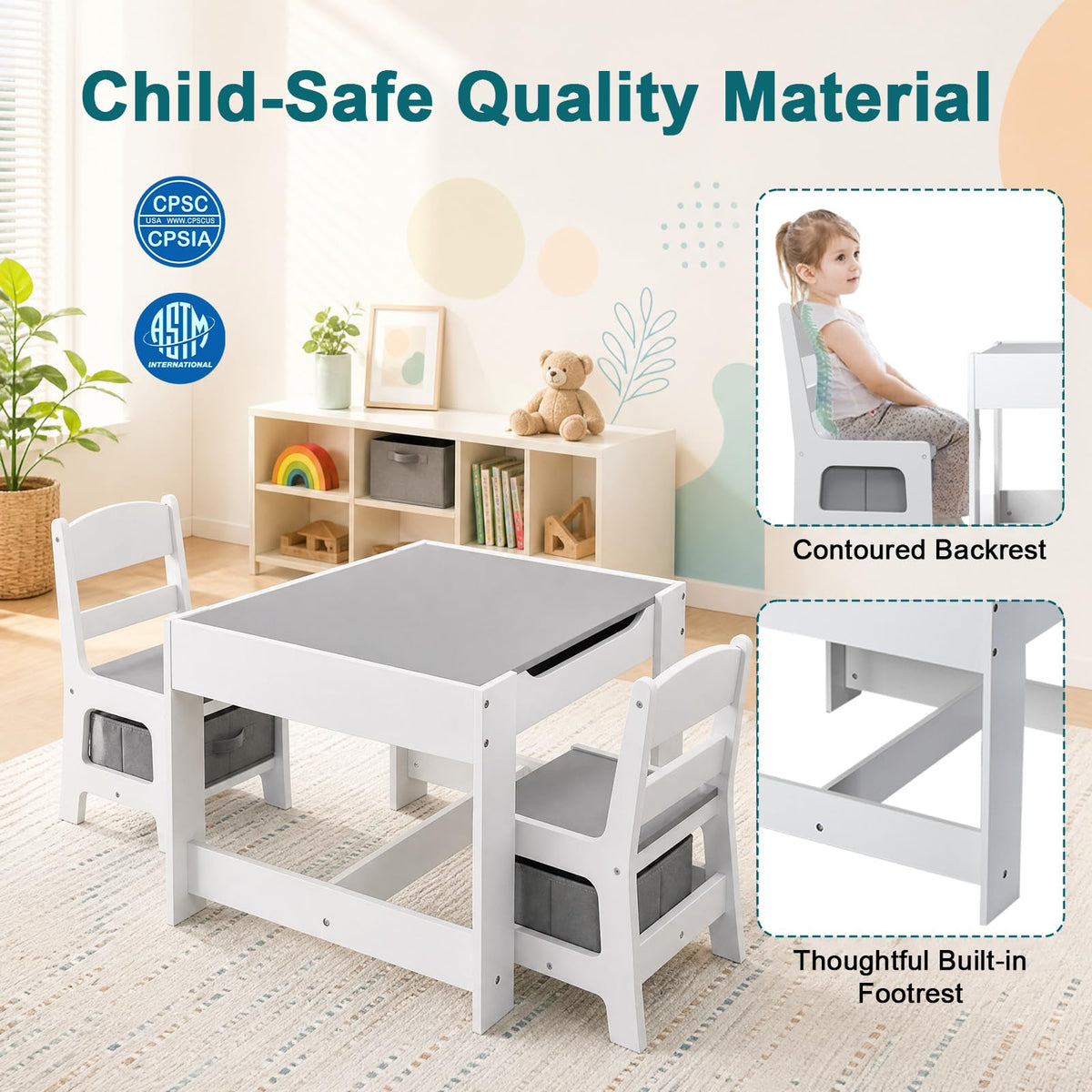Toddler Table and Chair Set, 3-in-1 Wooden Kids Table with Storage