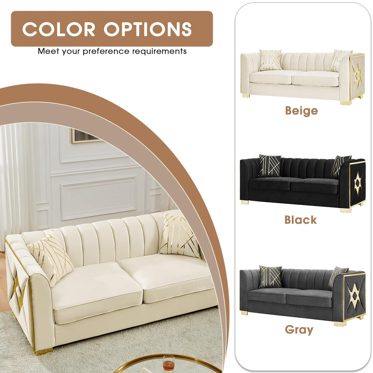 2 Piece Mid Century Modern Chesterfield Sofa Set, Tufted 2 Piece Couch Sets with Gold Stainless Steel Accents Luxury