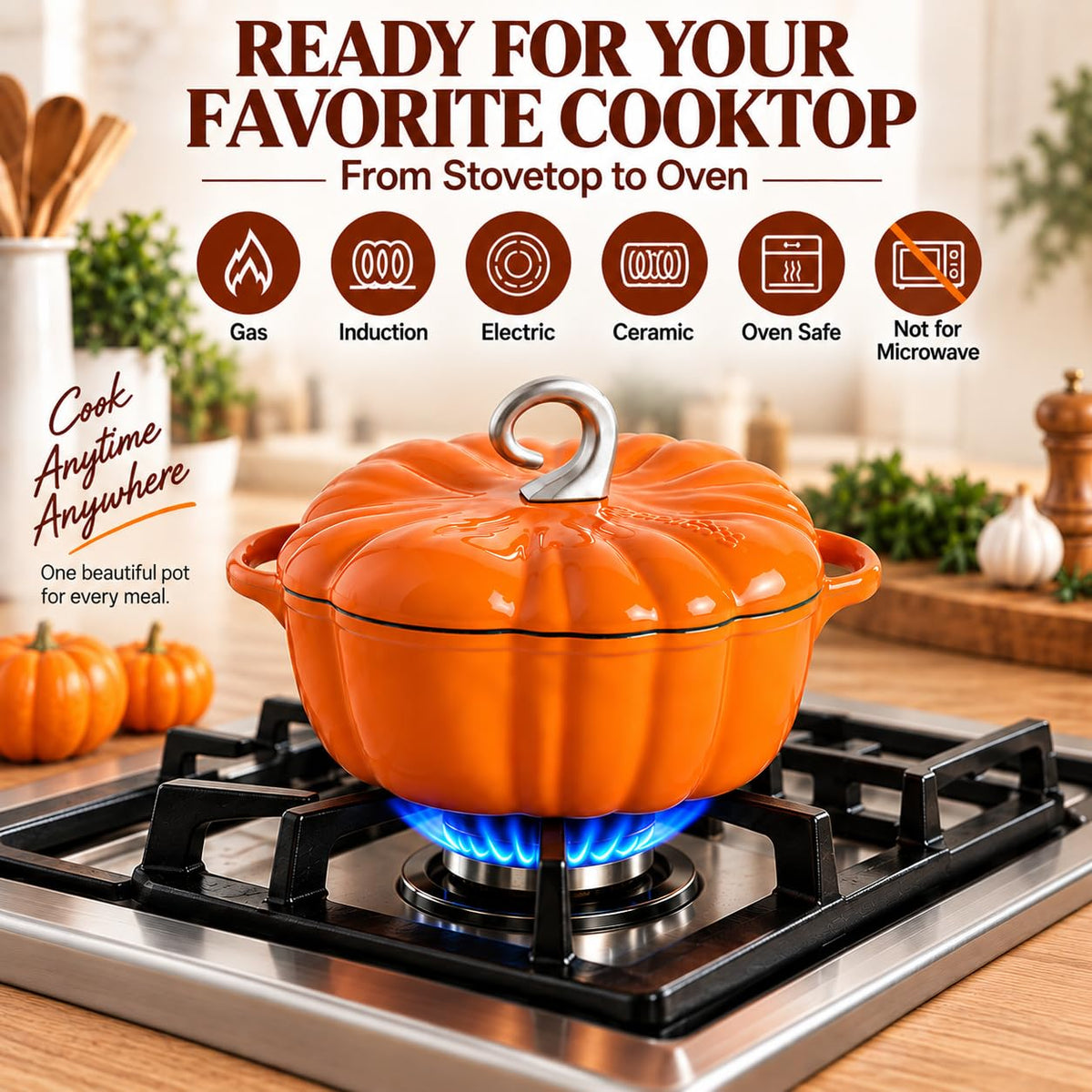Pumpkin Dutch Oven Pot with Lid, Non-stick Enamel Cast Iron Dutch Oven, 3.5QT Pumpkin Cocotte with Cast Iron Knob