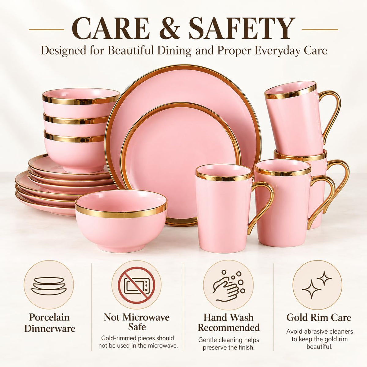 Pink and Gold Dinnerware Set for 4, 16-Piece Porcelain Gold Rim