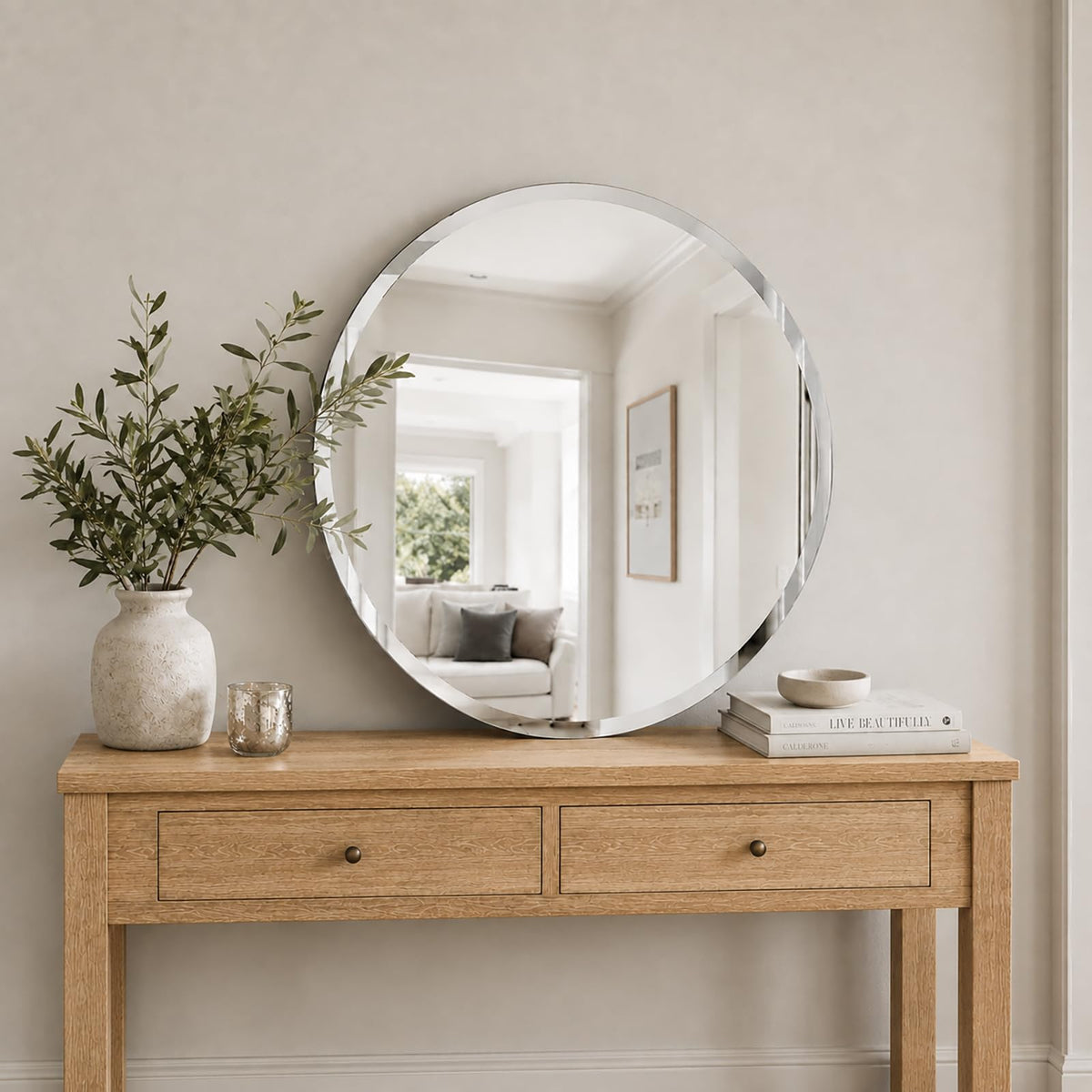 Frameless Round Bathroom Mirror for Over Sink 24" x 24" Circle Mirror Beveled Edge Wall Mirror Vanity Entryway Bedroom