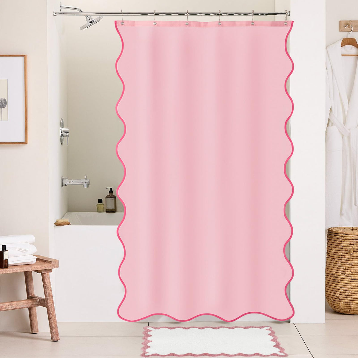 Pink Scalloped Small Stall Shower Curtain 36 W x 72 H Inch, Cute Pink Ruffle Shower Curtains Boho Pretty Aesthetic