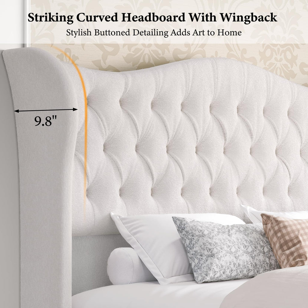 Bed Frame Upholstered Wingback Headboard Sleigh Footboard