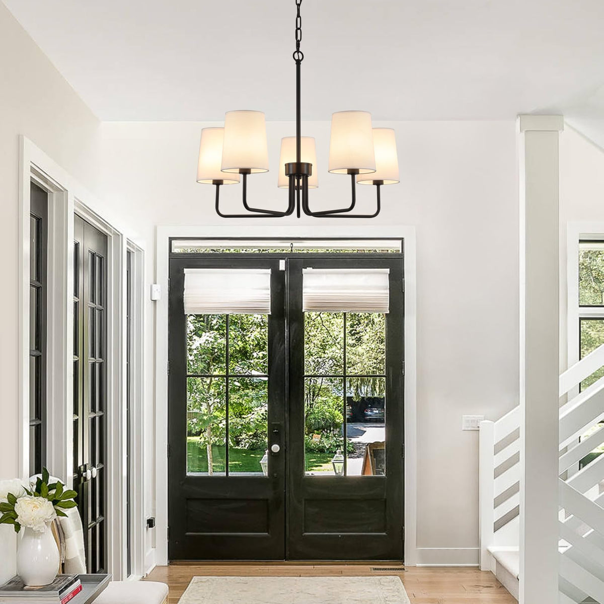 Farmhouse Chandelier, Matte Black with White Fabric Shade, Farmhouse Linear Island Lighting Fixture (5-Light Matte