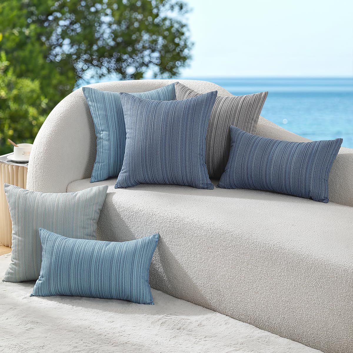 Outdoor Chenille Pillow Covers 22x22 Set of 2, Waterproof UV Fade Resistant Stripe Patio Pillow Cushion Covers for