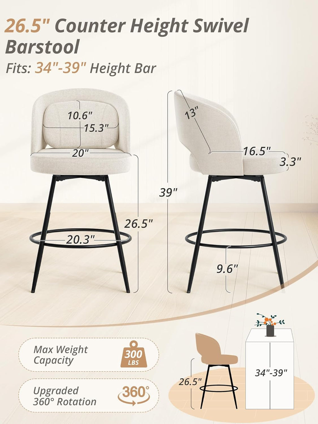 26''H Swivel Bar Stools Set of 3, Counter Height Bar Stools with Backs, Lumbar Pillow and Black Metal Frames