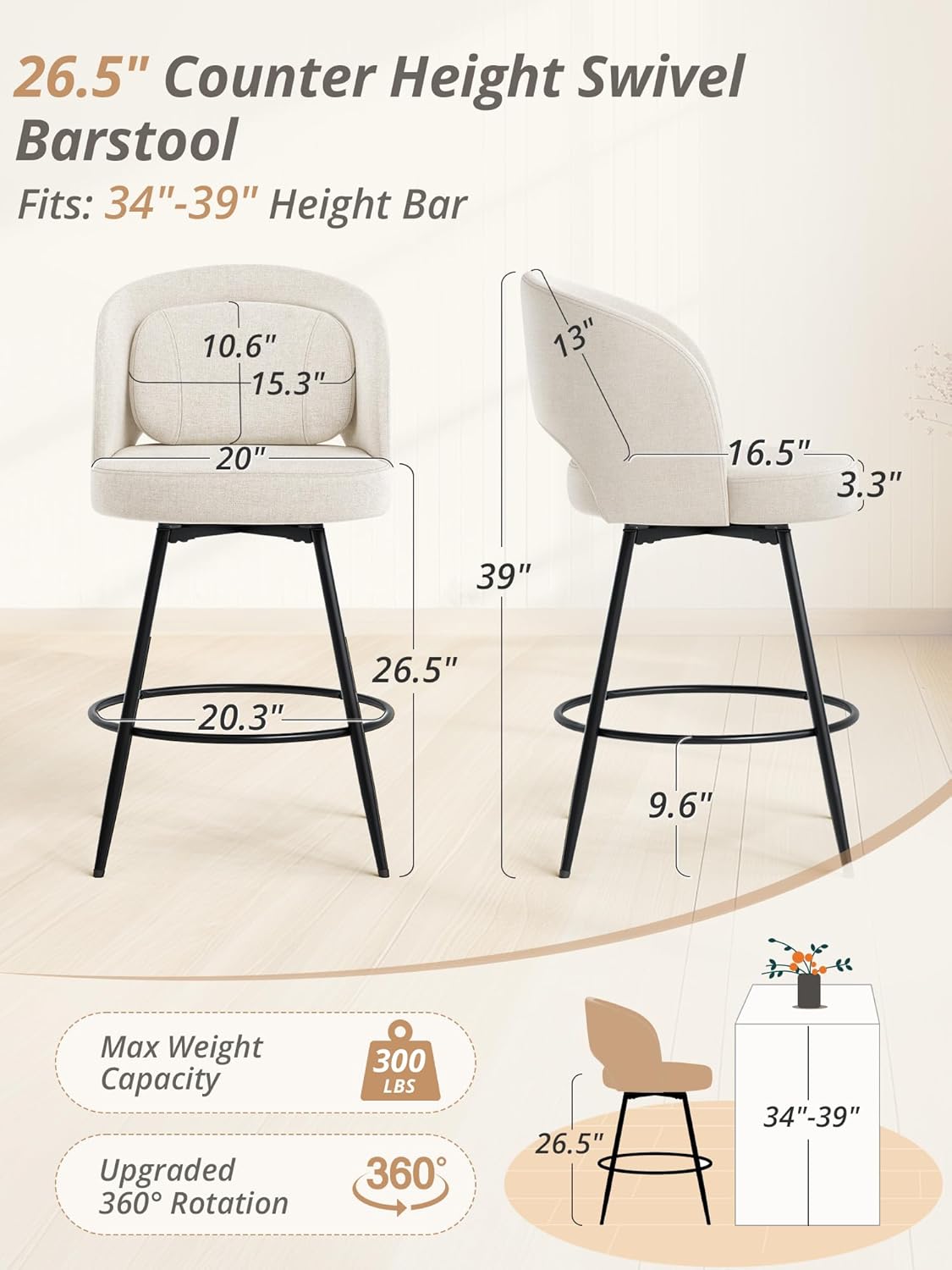 26''H Swivel Bar Stools Set of 3, Counter Height Bar Stools with Backs, Lumbar Pillow and Black Metal Frames