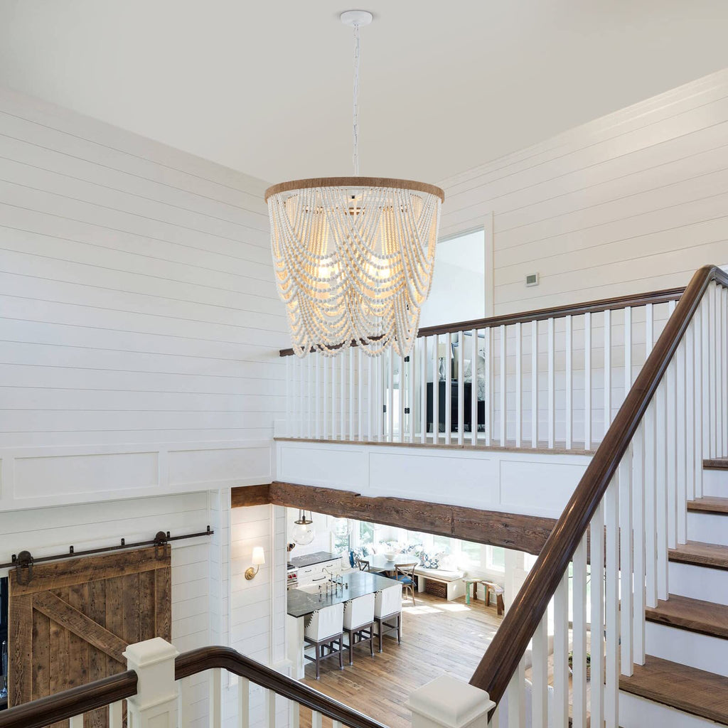 26" Boho Wood Beaded Chandelier Rustic Farmhouse Pendant Light 4-Lights Large Coastal Chandelier Dining Room Foyer
