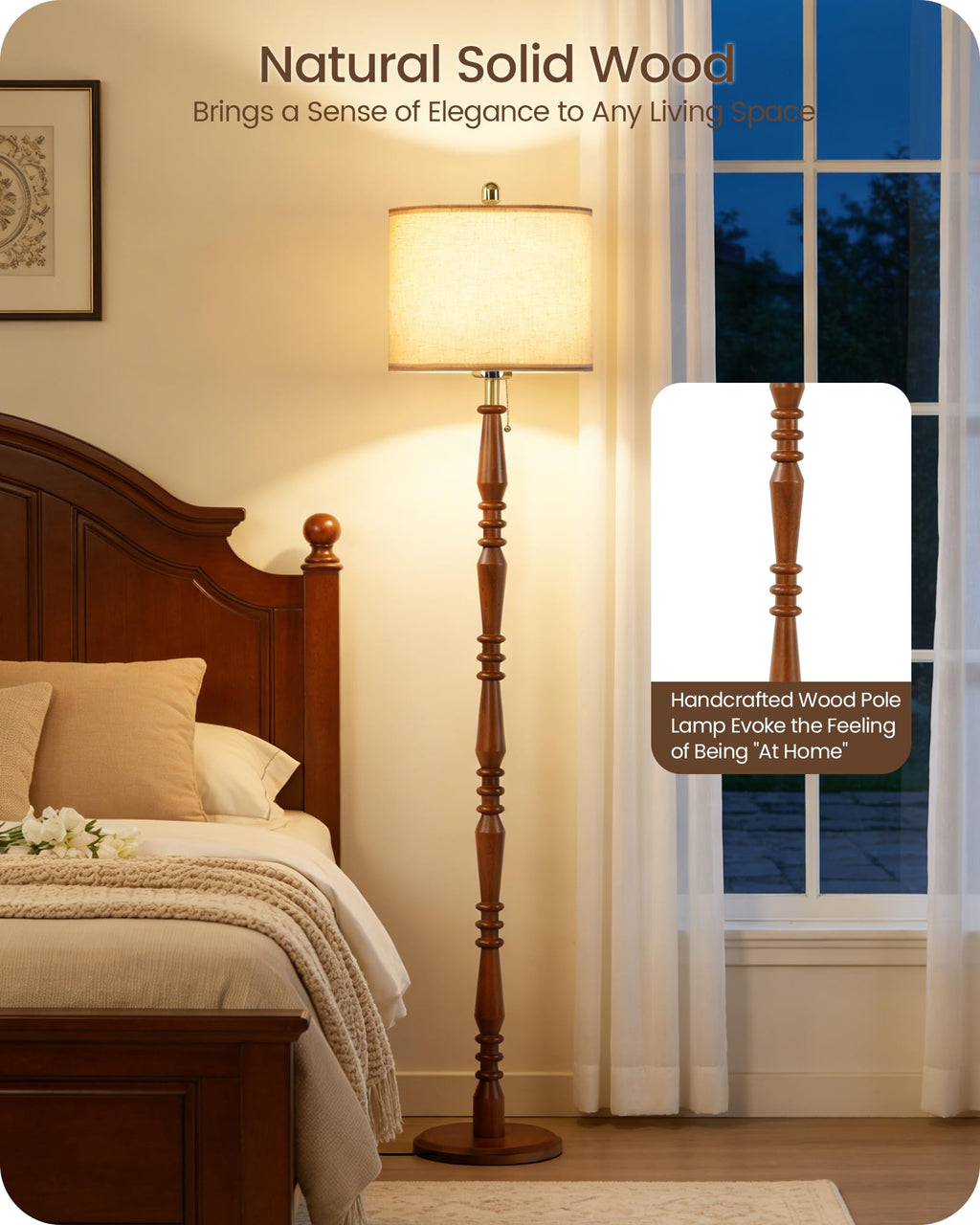 65" Farmhouse Wood Floor Lamp with Pull Chain, 3CCT, Walnut
