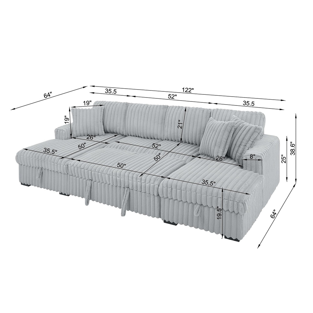 122'' Convertible U-Shaped Faux Rabbit Fur Plush Sectional Sleeper Sofa, Upholstered Cloud Couch Pull-Out Sofa Bed