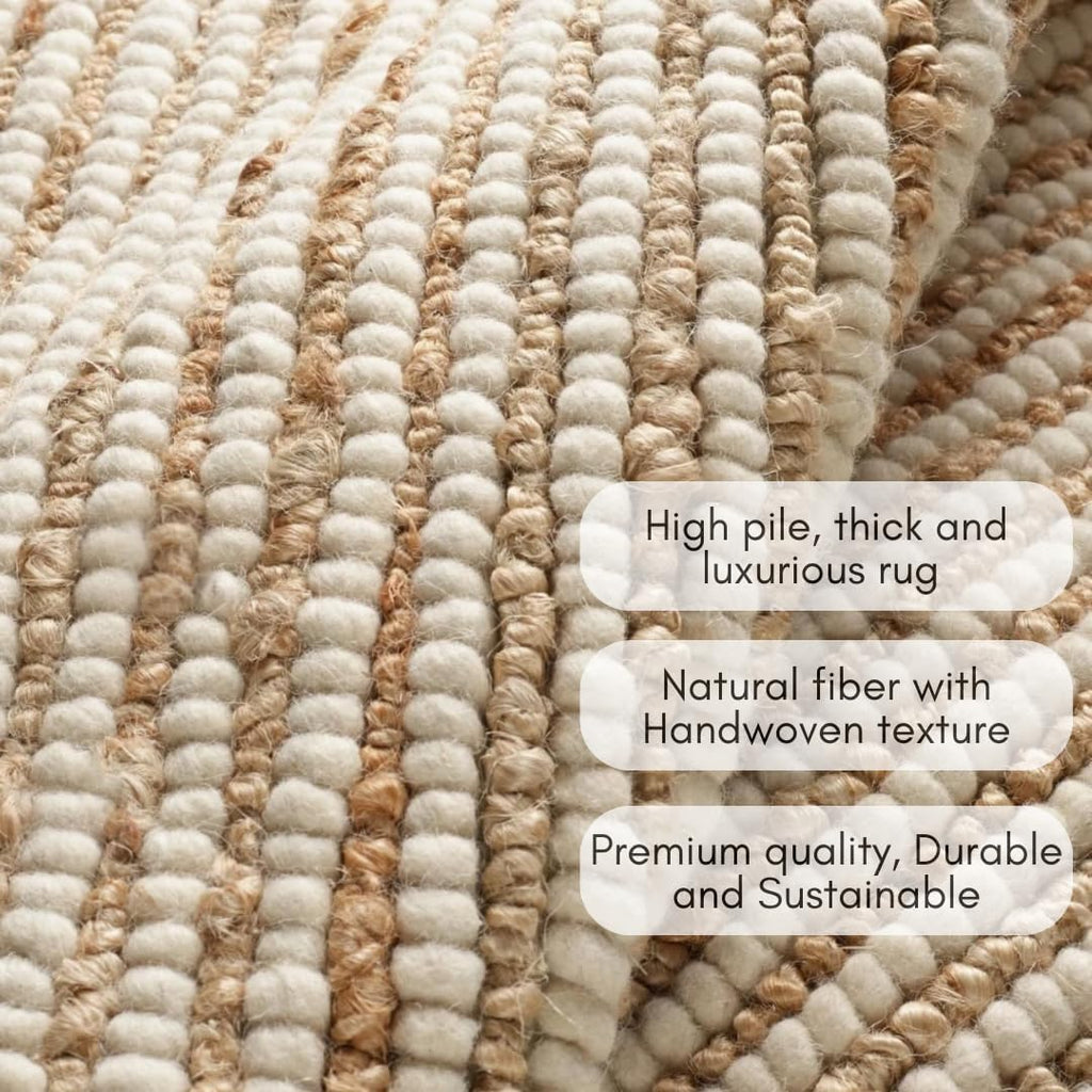 Area Rug - Premium Wool and Jute Blend Handwoven Rugs - Natural Fiber Chunky Stripe Design for Kitchen