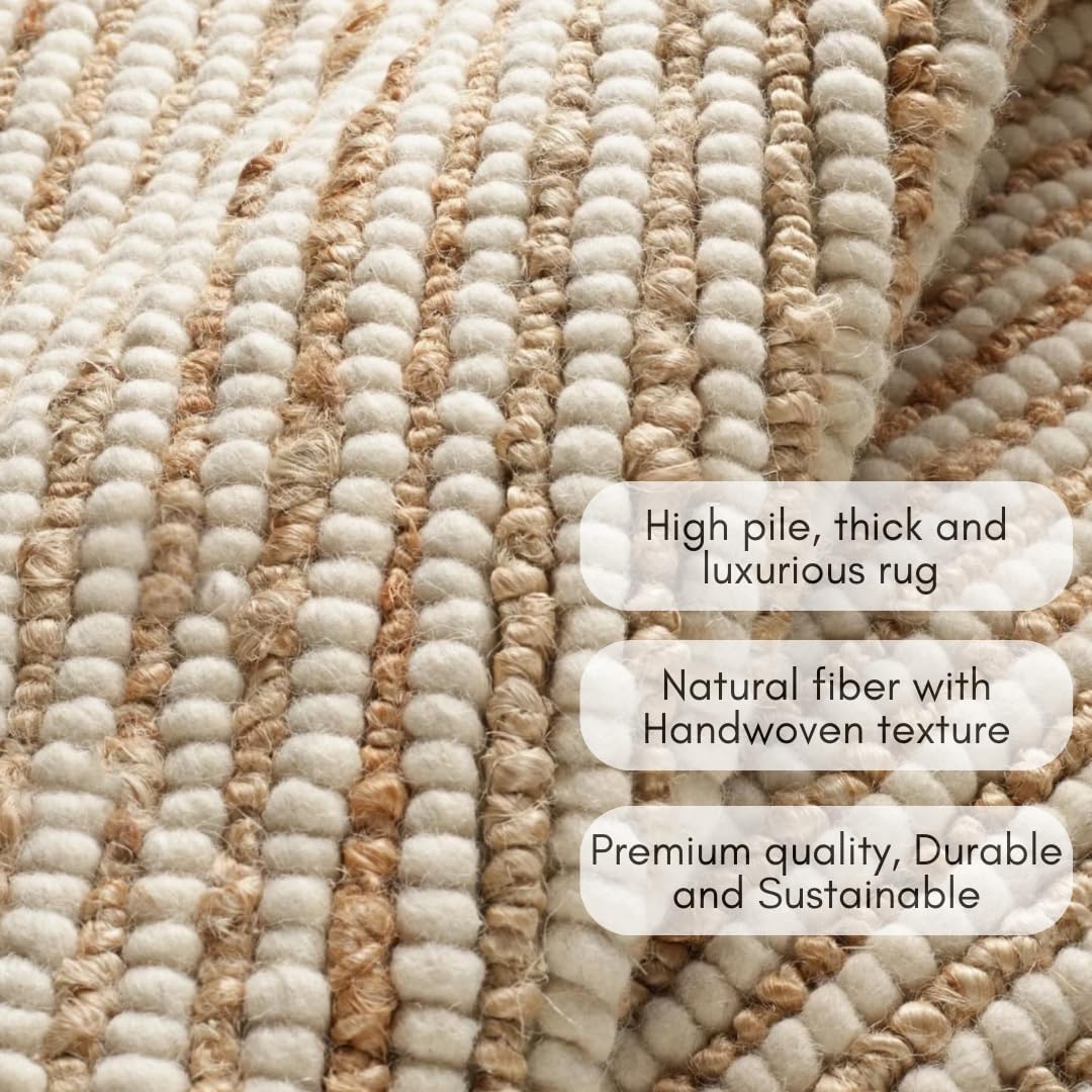 Area Rug - Premium Wool and Jute Blend Handwoven Rugs - Natural Fiber Chunky Stripe Design for Kitchen