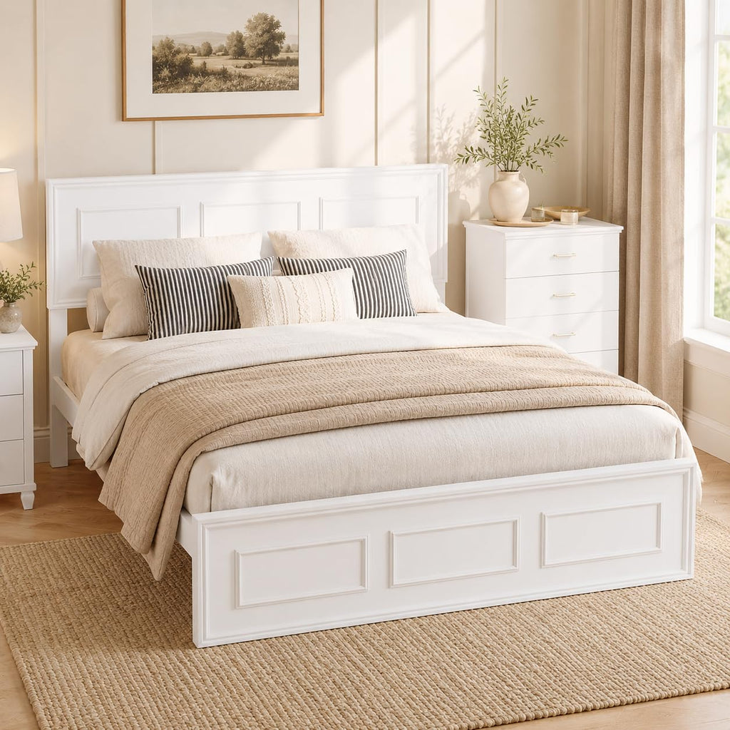 White Farmhouse Wood Bed Frame with Adjustable Headboard