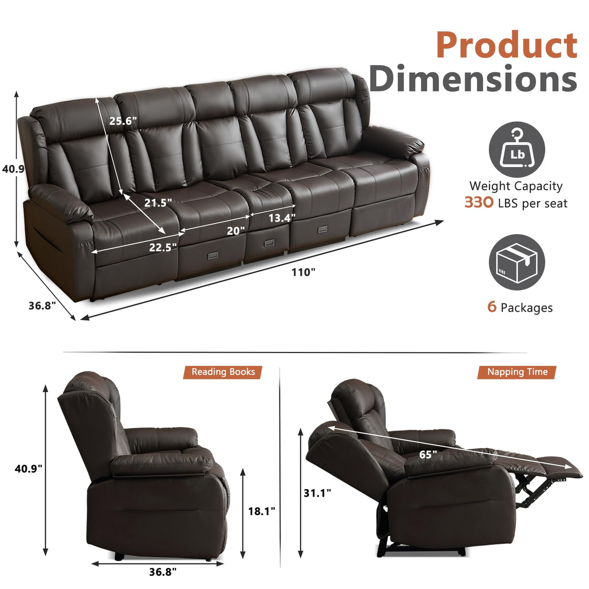 4 Seat Reclining Sofa with Console, Faux Leather, Brown
