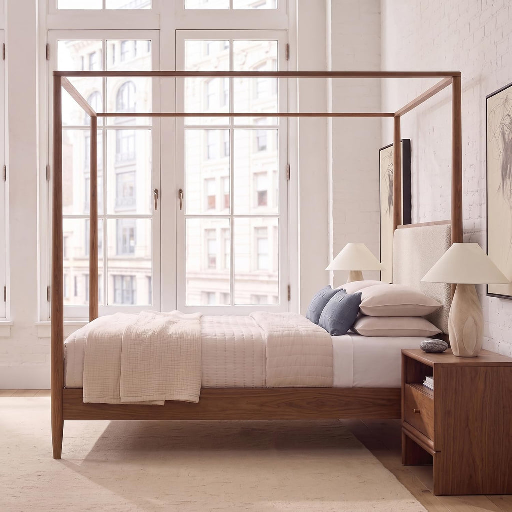 Wood Canopy Bed Frame, Walnut Vintage Four-Posters Platform Bed