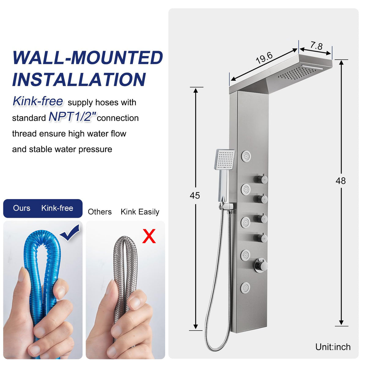 4-in-1 Rainfall Waterfall Shower Panel Tower System, Brushed Finish