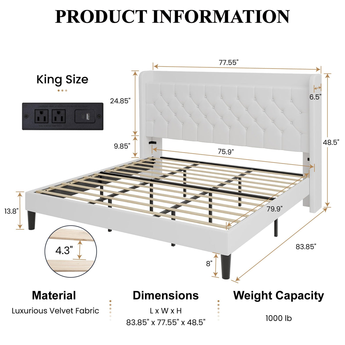 King Size Platform Bed Frame with Charging Station, Velvet Wingback Headboard with Storage Shelf, Wooden Slats