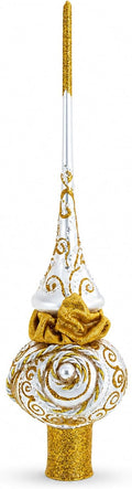 Golden Twisted Rope and Bow on White Glass Christmas Tree Topper 11 Inches